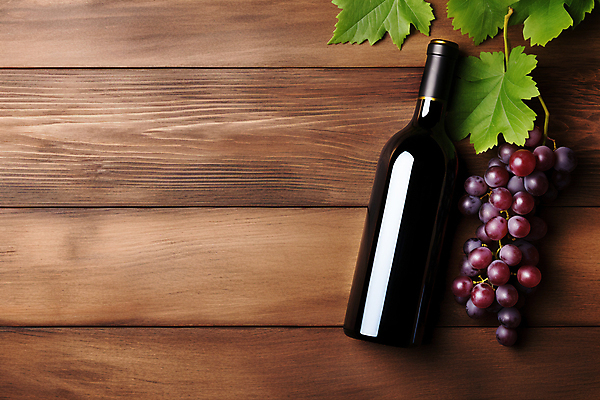 JPG 편집이미지 포도 사람없음 하이앵글 와인 와인병 디지털합성 포도잎 목업 카피스페이스 편집소스 편집실사 AI포토 AI콘텐츠 뷰포인트 잎 과일 병_용기 주류 공백 CG 파일형식