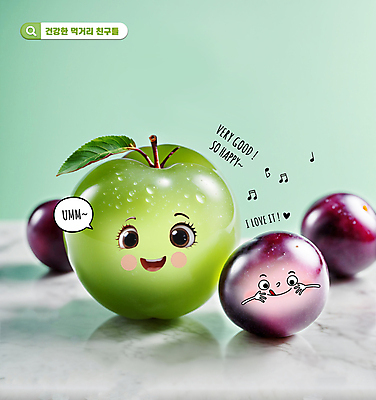 PSD 편집이미지 캐릭터 말풍선 음표 식재료 탁자 표정 미소 사람없음 초록색 귀여움 신선 사과 유기농 대리석 청사과 메롱 손모양 자두 검색창 이미지편집 모양 기호 웰빙 음악 컬러 가구 컨셉 과일 재료 모션 파일형식 손_신체부위