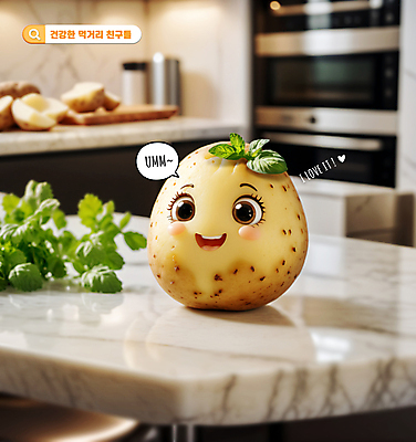 PSD 편집이미지 캐릭터 말풍선 잎 식재료 탁자 감자 표정 미소 사람없음 노란색 귀여움 신선 유기농 대리석 검색창 이미지편집 식물 웰빙 컬러 가구 컨셉 채소 재료 파일형식