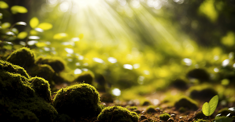 JPG 편집이미지 자연 이끼 풍경 근접촬영 사람없음 초록색 햇빛 새싹 흙 보케 빛망울 블러효과 편집실사 AI포토 AI콘텐츠 식물 뷰포인트 컬러 빛 태양 CG 생태계 블러 파일형식 효과
