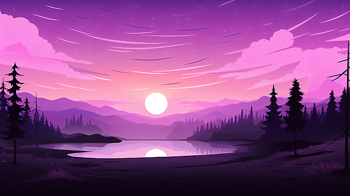 JPG 나무 구름 호수 일러스트 자연 하늘 산 풍경 사람없음 태양 반사 보라색 일몰 그림 국내일러스트 AI일러스트 AI콘텐츠 자연요소 식물 컬러 노을 생태계 파일형식