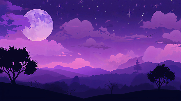 JPG 나무 구름 실루엣 일러스트 자연 밤하늘 하늘 산 풍경 사람없음 보라색 달 그림 국내일러스트 AI일러스트 AI콘텐츠 자연요소 식물 컬러 촬영기법 야간 생태계 파일형식