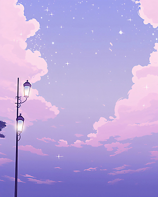 JPG 구름 별 가로등 일러스트 자연 하늘 풍경 사람없음 반짝임 보라색 그림 국내일러스트 AI일러스트 AI콘텐츠 자연요소 공공시설 컬러 모션 생태계 파일형식