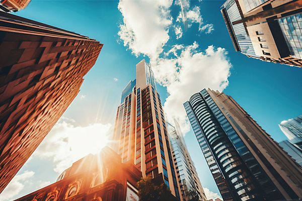 JPG 구름 편집이미지 로우앵글 하늘 빌딩 사람없음 건물 햇빛 도시 편집실사 AI포토 AI콘텐츠 자연요소 건축물 뷰포인트 태양 CG 파일형식