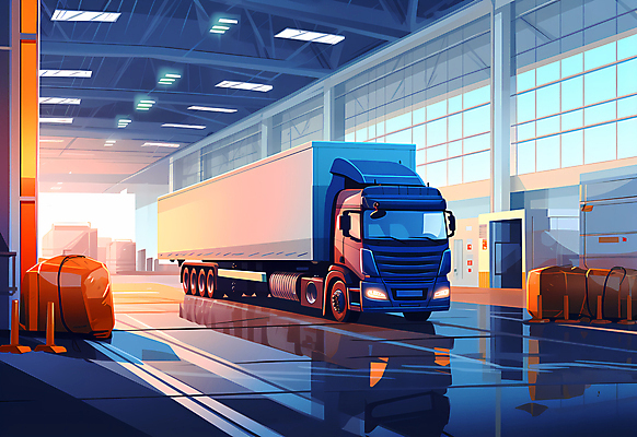 JPG 일러스트 사람없음 파란색 트럭 운송업 컨테이너 배송 택배 화물트럭 물류 물류창고 물류센터 국내일러스트 AI일러스트 AI콘텐츠 산업 컬러 자동차 창고 파일형식