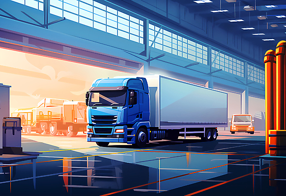 JPG 일러스트 자동차 사람없음 파란색 트럭 운송업 컨테이너 배송 택배 화물트럭 물류 물류창고 물류센터 국내일러스트 AI일러스트 AI콘텐츠 산업 육상교통 컬러 창고 파일형식