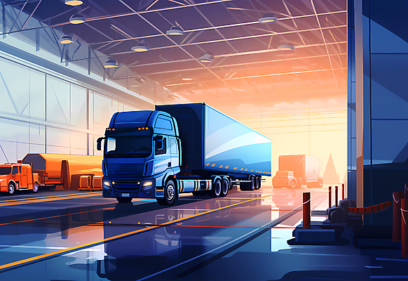 JPG 일러스트 조명 사람없음 파란색 트럭 운송업 컨테이너 배송 택배 화물트럭 물류 물류창고 물류센터 국내일러스트 AI일러스트 AI콘텐츠 산업 컬러 자동차 창고 파일형식