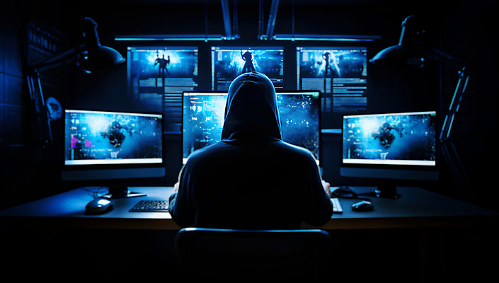 JPG 편집이미지 남자 한명 상반신 성인 뒷모습 파란색 컴퓨터 모니터 어둠 타이핑 사이버 보안 후드티셔츠 해킹 해커 성인남자한명만 편집실사 AI컴퓨터그래픽 AI콘텐츠 1 뷰포인트 컬러 티셔츠 안전 사람 전자제품 범죄 CG 남자한명만 성인남자만 파일형식