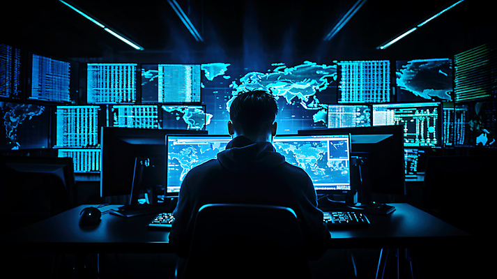 JPG 편집이미지 남자 한명 상반신 성인 뒷모습 파란색 컴퓨터 모니터 어둠 사이버 보안 해킹 해커 성인남자한명만 편집실사 AI컴퓨터그래픽 AI콘텐츠 1 뷰포인트 컬러 안전 사람 전자제품 범죄 CG 남자한명만 성인남자만 파일형식