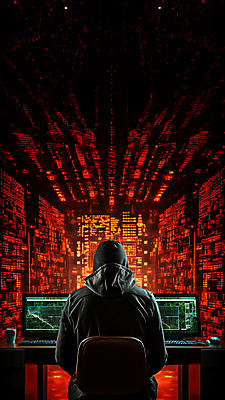 JPG 편집이미지 남자 한명 상반신 성인 뒷모습 빨간색 컴퓨터 모니터 어둠 사이버 보안 후드티셔츠 해킹 해커 성인남자한명만 편집실사 AI컴퓨터그래픽 AI콘텐츠 1 뷰포인트 컬러 티셔츠 안전 사람 전자제품 범죄 CG 남자한명만 성인남자만 파일형식