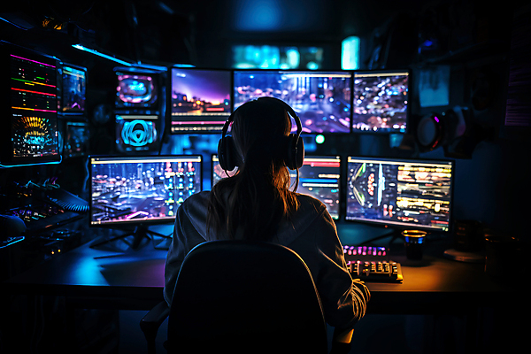 JPG 편집이미지 여자 한명 상반신 성인 뒷모습 컴퓨터 모니터 헤드셋 어둠 타이핑 사이버 보안 해킹 해커 성인여자한명만 편집실사 AI컴퓨터그래픽 AI콘텐츠 1 뷰포인트 음향기기 안전 사람 전자제품 헤드폰 범죄 CG 여자한명만 성인여자만 파일형식