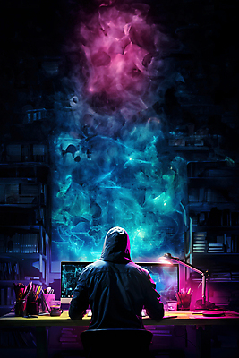 JPG 편집이미지 남자 한명 상반신 성인 뒷모습 컴퓨터 컬러풀 모니터 어둠 스탠드 연기 사이버 보안 후드티셔츠 해킹 해커 성인남자한명만 편집실사 AI컴퓨터그래픽 AI콘텐츠 1 뷰포인트 컬러 티셔츠 조명 안전 사람 전자제품 범죄 CG 남자한명만 성인남자만 파일형식