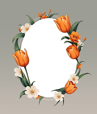 JPG 꽃 잎 일러스트 프레임 사람없음 주황색 회색 튤립 오브젝트 화사함 타원형 국내일러스트 AI일러스트 AI콘텐츠 식물 컬러 컨셉 원형 파일형식