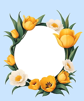 JPG 꽃 하늘색 잎 일러스트 프레임 사람없음 노란색 원형 오브젝트 화사함 국내일러스트 AI일러스트 AI콘텐츠 도형 식물 컬러 컨셉 파란색 파일형식