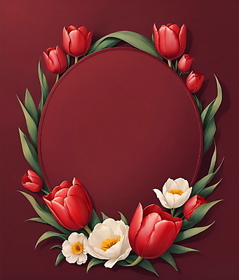 JPG 꽃 잎 일러스트 프레임 사람없음 튤립 오브젝트 화사함 타원형 버건디 국내일러스트 AI일러스트 AI콘텐츠 식물 컨셉 빨간색 원형 파일형식