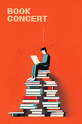 전신 PSD 남자 포스터 음표 일러스트 한명 들기 성인 독서 콘서트 교양 집중 읽기 다홍색 오선 책더미 성인남자한명만 국내일러스트 1 기호 음악 컬러 컨셉 모션 사람 책 공연 무더기 남자한명만 성인남자만 파일형식