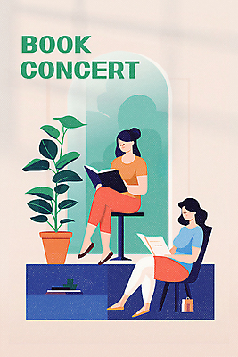 전신 PSD 여자 포스터 화분 의자 일러스트 창문 들기 앉기 성인 두명 책 독서 콘서트 교양 다리꼬기 집중 읽기 성인여자만 국내일러스트 가구 컨셉 모션 사람 공연 여자만 성인만 파일형식