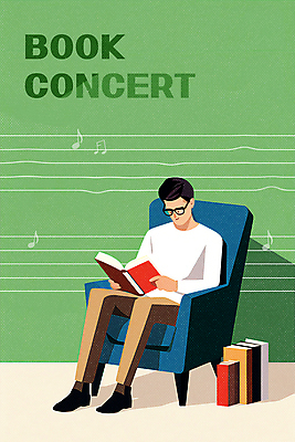 전신 PSD 남자 포스터 음표 일러스트 한명 들기 앉기 성인 책 초록색 소파 독서 콘서트 교양 집중 읽기 오선 성인남자한명만 안경낌 국내일러스트 1 기호 안경 음악 컬러 컨셉 의자 모션 사람 공연 남자한명만 성인남자만 파일형식