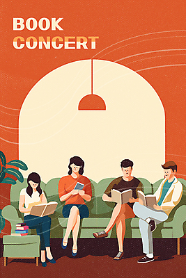 전신 PSD 여자 남자 포스터 화분 곡선 일러스트 조명 들기 앉기 여러명 성인 책 소파 독서 콘서트 교양 다리꼬기 집중 읽기 다홍색 성인만 국내일러스트 선 컬러 다수 컨셉 의자 모션 사람 공연 파일형식