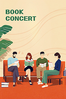 전신 PSD 여자 남자 포스터 화분 곡선 음표 일러스트 들기 앉기 여러명 성인 책 소파 독서 주황색 콘서트 교양 다리꼬기 집중 읽기 성인만 국내일러스트 기호 선 음악 컬러 다수 컨셉 의자 모션 사람 공연 파일형식