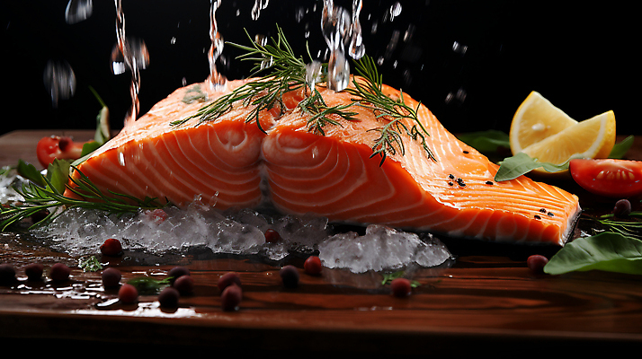 JPG 편집이미지 사람없음 물 얼음 물방울 신선 레몬 허브 해산물 튀는물 연어회 편집실사 AI포토 AI콘텐츠 자연요소 식물 과일 생선회 CG 액체표현 연어 스플래쉬 파일형식