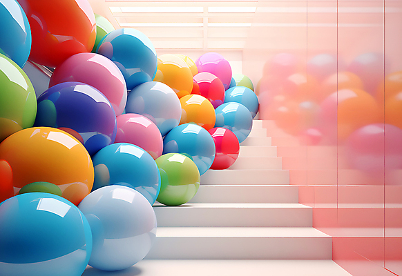 JPG 편집이미지 공 실내 사람없음 인테리어 컬러풀 계단 공간 원형 가득함 구슬 광택 설치미술 편집실사 AI컴퓨터그래픽 AI콘텐츠 도형 디자인 컬러 내부 CG 파일형식