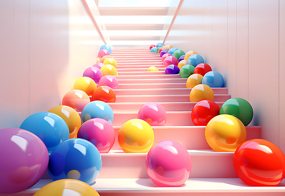 JPG 편집이미지 공 실내 사람없음 인테리어 컬러풀 계단 공간 원형 구슬 광택 설치미술 편집실사 AI컴퓨터그래픽 AI콘텐츠 도형 디자인 컬러 내부 CG 파일형식