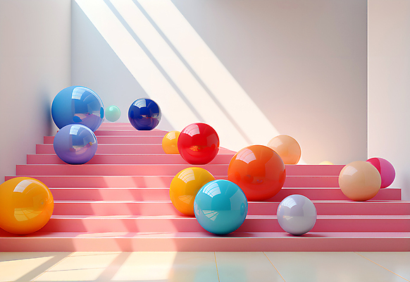 JPG 편집이미지 공 실내 사람없음 인테리어 컬러풀 계단 공간 원형 구슬 광택 설치미술 편집실사 AI컴퓨터그래픽 AI콘텐츠 도형 디자인 컬러 내부 CG 파일형식