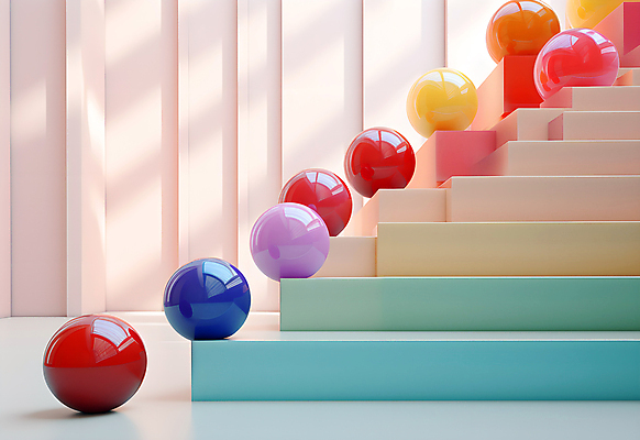 JPG 편집이미지 공 실내 사람없음 인테리어 컬러풀 계단 공간 원형 구슬 광택 설치미술 편집실사 AI컴퓨터그래픽 AI콘텐츠 도형 디자인 컬러 내부 CG 파일형식