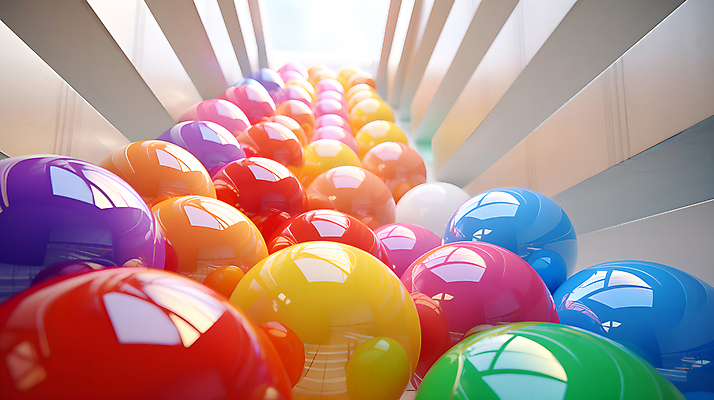 JPG 편집이미지 공 실내 사람없음 인테리어 컬러풀 공간 원형 가득함 구슬 광택 설치미술 편집실사 AI컴퓨터그래픽 AI콘텐츠 도형 디자인 컬러 내부 CG 파일형식