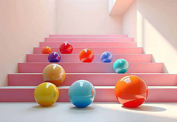 JPG 편집이미지 공 실내 사람없음 인테리어 컬러풀 계단 공간 원형 구슬 광택 설치미술 편집실사 AI컴퓨터그래픽 AI콘텐츠 도형 디자인 컬러 내부 CG 파일형식