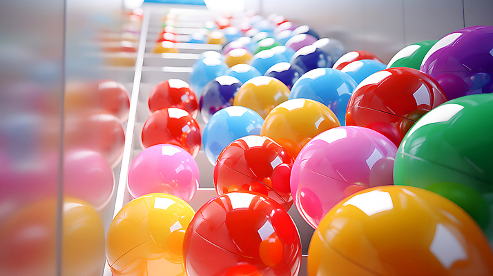 JPG 편집이미지 공 실내 사람없음 인테리어 컬러풀 계단 공간 원형 가득함 구슬 광택 설치미술 편집실사 AI컴퓨터그래픽 AI콘텐츠 도형 디자인 컬러 내부 CG 파일형식