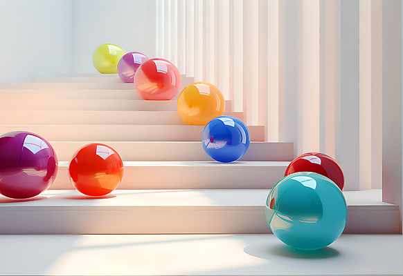 JPG 편집이미지 공 실내 사람없음 인테리어 컬러풀 계단 공간 원형 구슬 광택 설치미술 편집실사 AI컴퓨터그래픽 AI콘텐츠 도형 디자인 컬러 내부 CG 파일형식