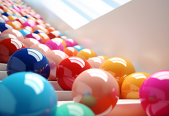 JPG 편집이미지 공 실내 사람없음 인테리어 컬러풀 계단 공간 원형 가득함 구슬 광택 설치미술 편집실사 AI컴퓨터그래픽 AI콘텐츠 도형 디자인 컬러 내부 CG 파일형식