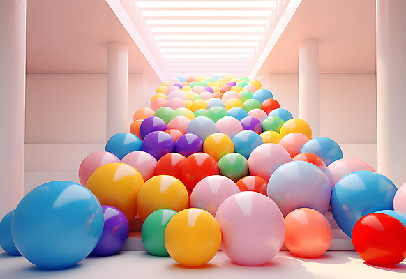 JPG 편집이미지 공 조명 실내 사람없음 인테리어 컬러풀 공간 기둥 원형 가득함 구슬 광택 설치미술 편집실사 AI컴퓨터그래픽 AI콘텐츠 도형 디자인 건축 컬러 내부 CG 파일형식