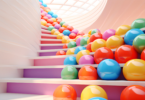 JPG 편집이미지 공 실내 사람없음 인테리어 컬러풀 계단 공간 원형 가득함 구슬 광택 설치미술 편집실사 AI컴퓨터그래픽 AI콘텐츠 도형 디자인 컬러 내부 CG 파일형식