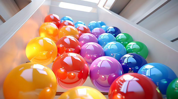 JPG 편집이미지 공 실내 사람없음 인테리어 컬러풀 계단 공간 원형 가득함 구슬 광택 설치미술 편집실사 AI컴퓨터그래픽 AI콘텐츠 도형 디자인 컬러 내부 CG 파일형식