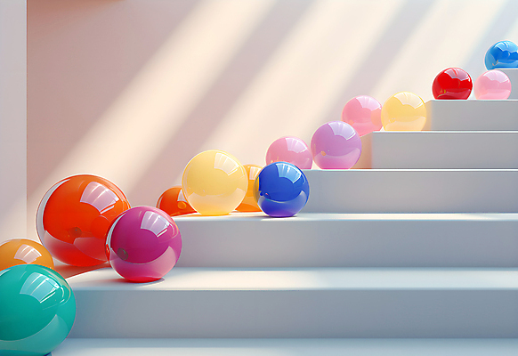 JPG 편집이미지 공 실내 사람없음 인테리어 컬러풀 계단 공간 원형 구슬 광택 설치미술 편집실사 AI컴퓨터그래픽 AI콘텐츠 도형 디자인 컬러 내부 CG 파일형식