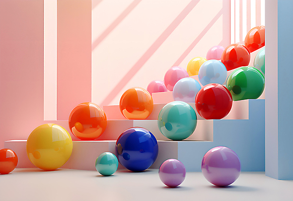 JPG 편집이미지 공 실내 사람없음 인테리어 컬러풀 계단 공간 원형 구슬 광택 설치미술 편집실사 AI컴퓨터그래픽 AI콘텐츠 도형 디자인 컬러 내부 CG 파일형식