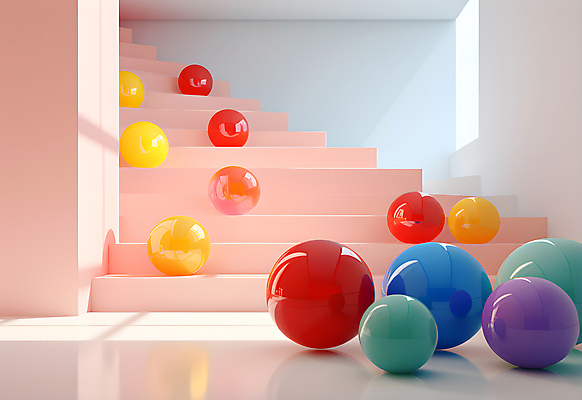 JPG 편집이미지 공 실내 사람없음 인테리어 컬러풀 계단 공간 원형 구슬 광택 설치미술 편집실사 AI컴퓨터그래픽 AI콘텐츠 도형 디자인 컬러 내부 CG 파일형식