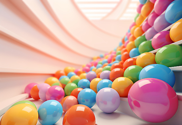 JPG 편집이미지 공 실내 사람없음 인테리어 컬러풀 계단 공간 원형 가득함 구슬 광택 설치미술 편집실사 AI컴퓨터그래픽 AI콘텐츠 도형 디자인 컬러 내부 CG 파일형식