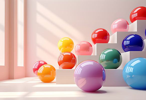 JPG 편집이미지 공 실내 사람없음 인테리어 컬러풀 계단 공간 원형 구슬 광택 설치미술 편집실사 AI컴퓨터그래픽 AI콘텐츠 도형 디자인 컬러 내부 CG 파일형식