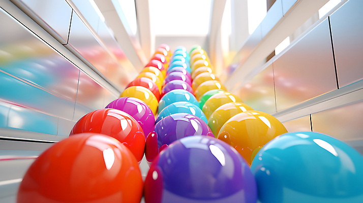 JPG 편집이미지 공 실내 사람없음 인테리어 컬러풀 공간 원형 가득함 구슬 광택 설치미술 편집실사 AI컴퓨터그래픽 AI콘텐츠 도형 디자인 컬러 내부 CG 파일형식