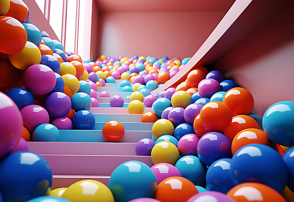 JPG 편집이미지 공 실내 사람없음 인테리어 컬러풀 계단 공간 원형 가득함 구슬 광택 설치미술 편집실사 AI컴퓨터그래픽 AI콘텐츠 도형 디자인 컬러 내부 CG 파일형식