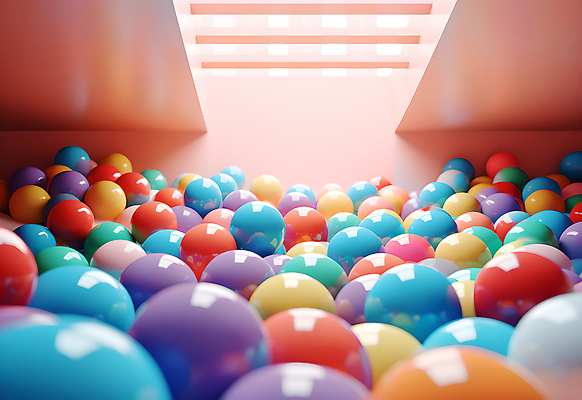 JPG 편집이미지 공 실내 사람없음 인테리어 컬러풀 공간 원형 가득함 구슬 광택 설치미술 편집실사 AI컴퓨터그래픽 AI콘텐츠 도형 디자인 컬러 내부 CG 파일형식