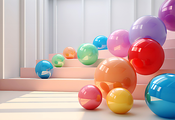 JPG 편집이미지 공 실내 사람없음 인테리어 컬러풀 계단 공간 원형 구슬 광택 설치미술 편집실사 AI컴퓨터그래픽 AI콘텐츠 도형 디자인 컬러 내부 CG 파일형식