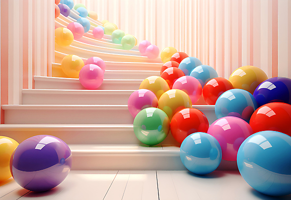 JPG 편집이미지 공 실내 사람없음 인테리어 컬러풀 계단 공간 원형 가득함 구슬 광택 설치미술 편집실사 AI컴퓨터그래픽 AI콘텐츠 도형 디자인 컬러 내부 CG 파일형식