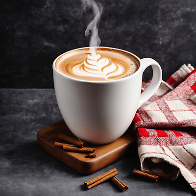 JPG 편집이미지 커피 사람없음 연기 커피잔 천 나무받침 라떼아트 시나몬 시나몬스틱 차이티라떼 차이티 편집실사 AI포토 AI콘텐츠 음료 잔 목재 차_음료 직물 받침대 CG 그림 라떼 파일형식