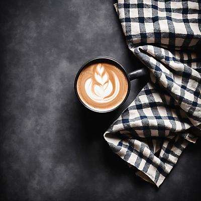 JPG 편집이미지 커피 사람없음 하이앵글 커피잔 천 라떼아트 차이티라떼 차이티 편집실사 AI포토 AI콘텐츠 음료 뷰포인트 잔 차_음료 직물 CG 그림 라떼 파일형식