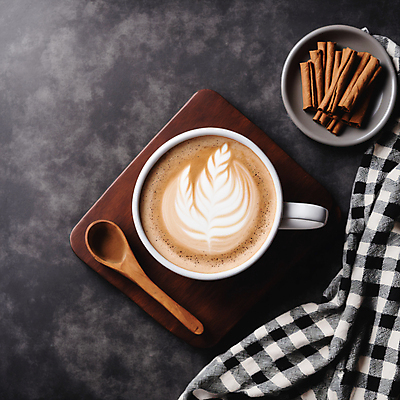 JPG 편집이미지 커피 사람없음 하이앵글 커피잔 천 나무숟가락 라떼아트 시나몬 시나몬스틱 차이티라떼 차이티 편집실사 AI포토 AI콘텐츠 음료 뷰포인트 잔 차_음료 숟가락 직물 CG 그림 라떼 파일형식